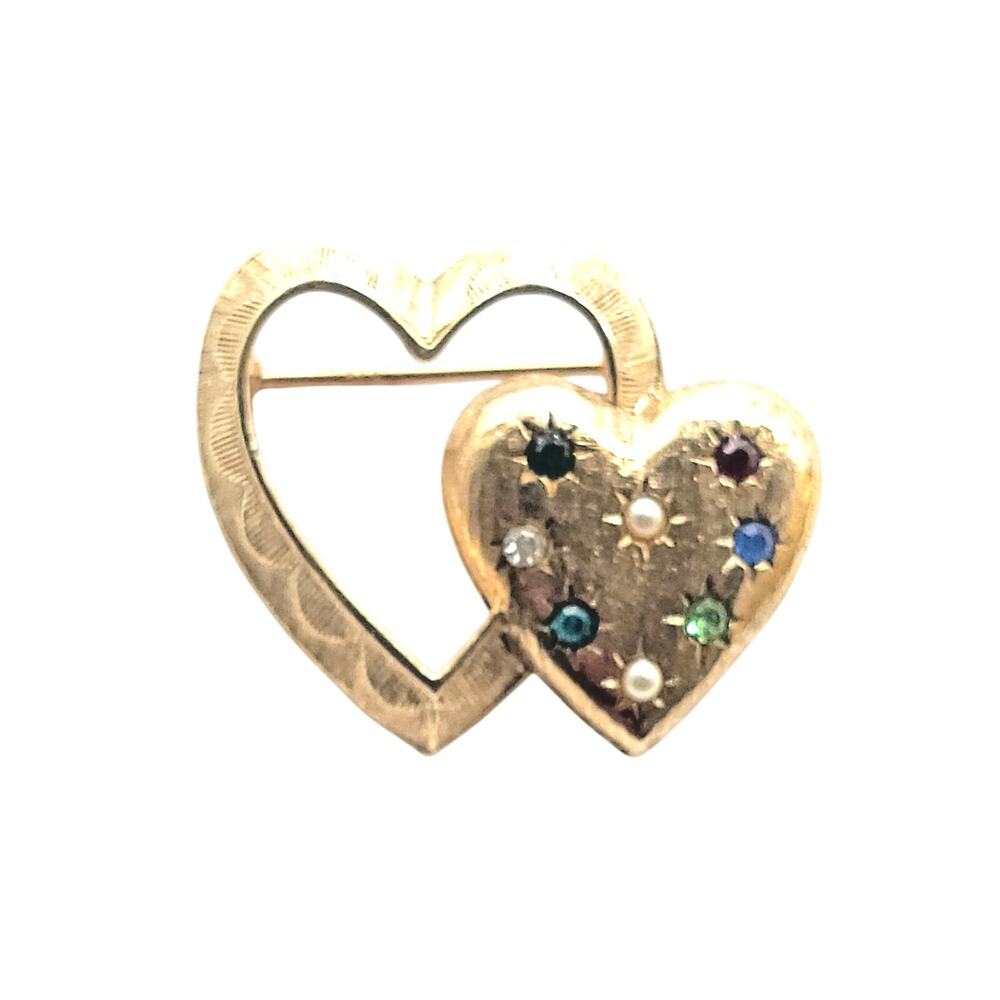 Vintage Emmons Double Heart Rhinestone Faux Pearl Gold Tone Brooch Pin Signed
